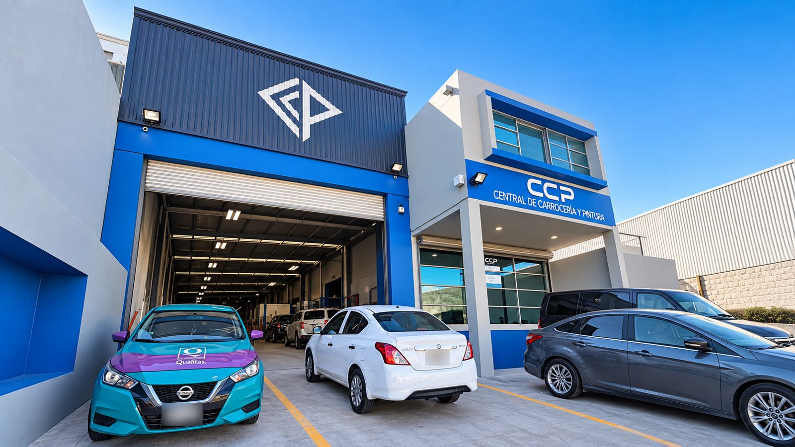 Fachada de Central de Carrocería y Pintura en Tijuana, con la cortina del taller abierta y autos en el estacionamiento